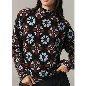 Maeve Carys Mock Neck Sweater Retro Flower Pattern Size XXS